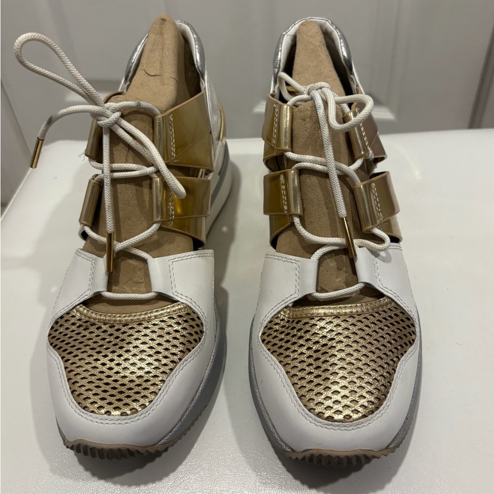 Michael Kors White and Gold Mesh Sneakers